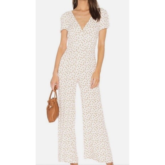 Free People Pants - Free People Blue Cap Sleeve Wide Leg Fruit Print Jumpsuit Size 12